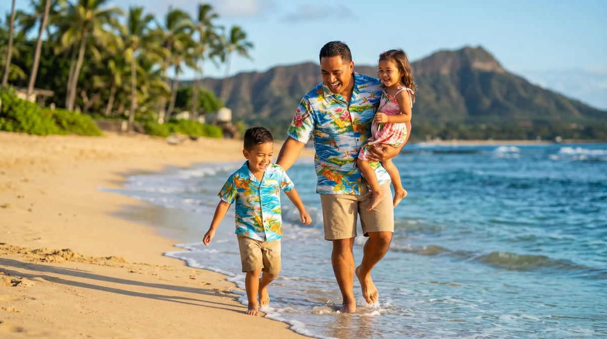 A man wearing a vibrant, tropical-patterned short-sleeved shirt with blue and green hues walks along the beach.