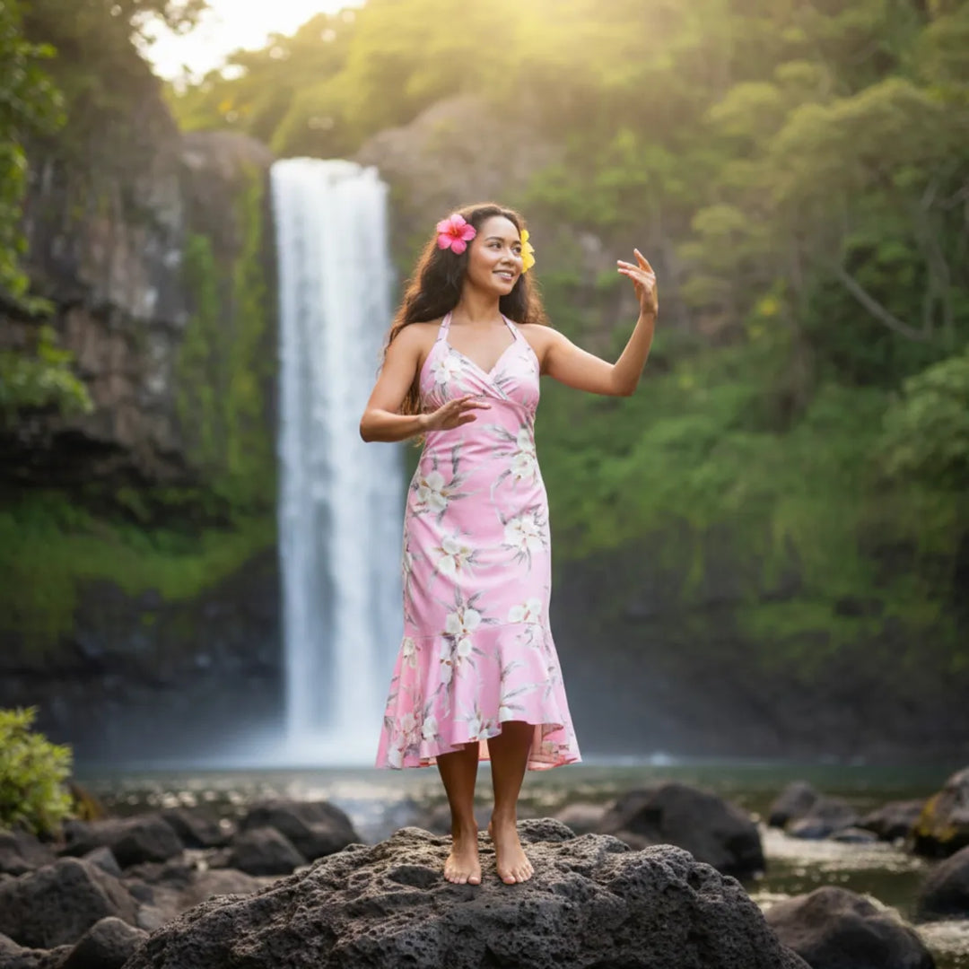 Mele Pink Akua Hawaiian Halter Dress with Orchids M / Pink Mele Pink Akua Hawaiian Halter Dress with Orchids M / Pink