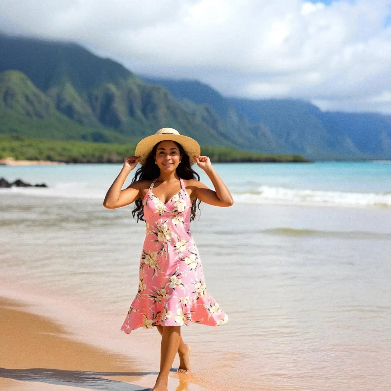 Mele Pink Akua Hawaiian Halter Dress Made in Hawaii