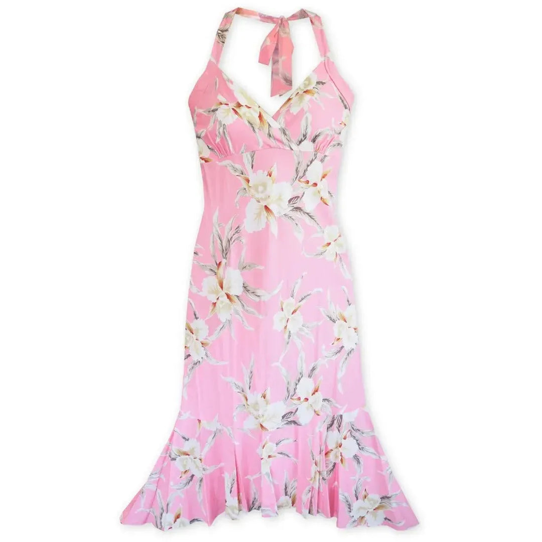 Mele Pink Akua Hawaiian Halter Dress with Orchids M / Pink Mele Pink Akua Hawaiian Halter Dress with Orchids M / Pink