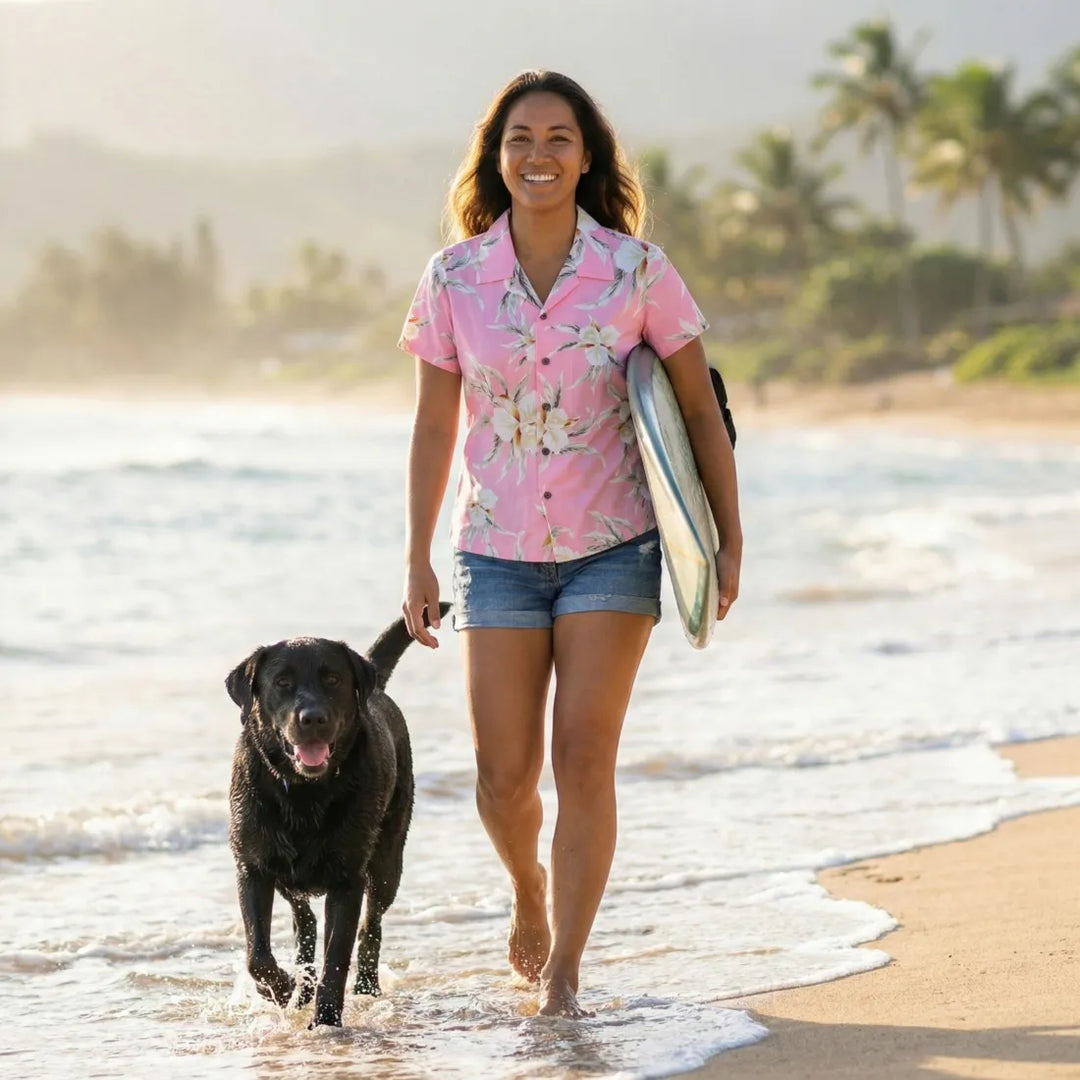 Mele Pink Women’s Hawaiian Rayon Shirt - Made in Hawaii