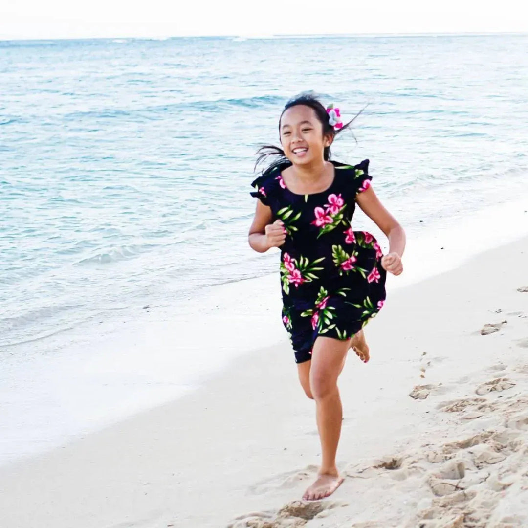 Midnight Black Hawaiian Girl Rayon Dress for Kids Lavahut Midnight Black Hawaiian Girl Rayon Dress for Kids Lavahut