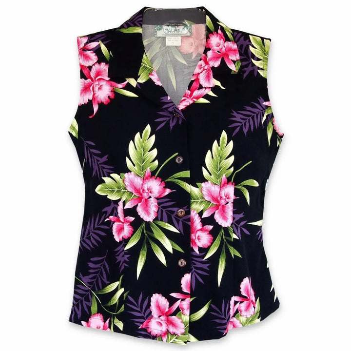 Midnight Black Lady’s Hawaiian Sleeveless Blouse - Made in Hawaii