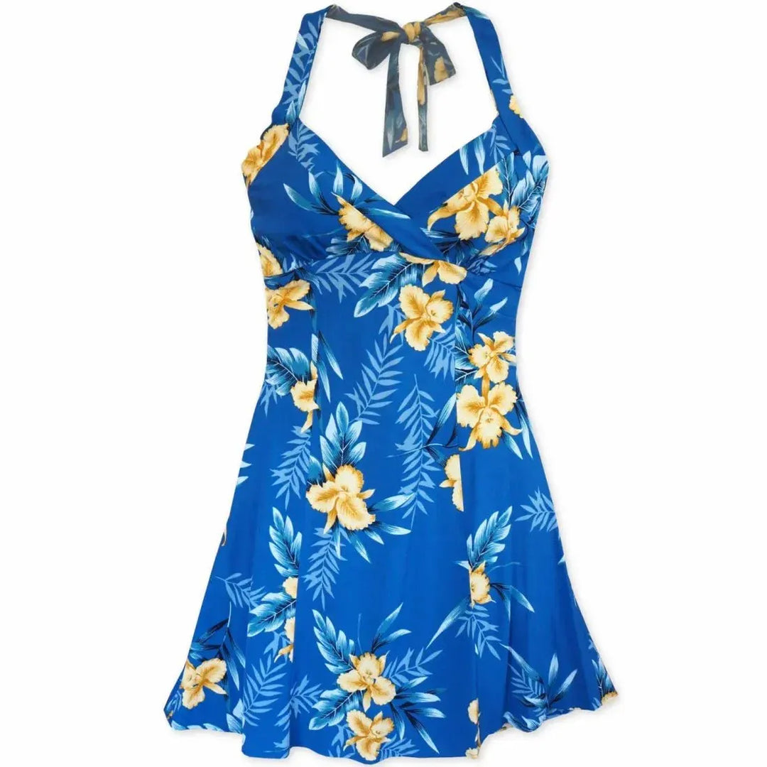 Midnight Blue Napali Hawaiian Halter Dress Elegance L / Blue Midnight Blue Napali Hawaiian Halter Dress Elegance L / Blue