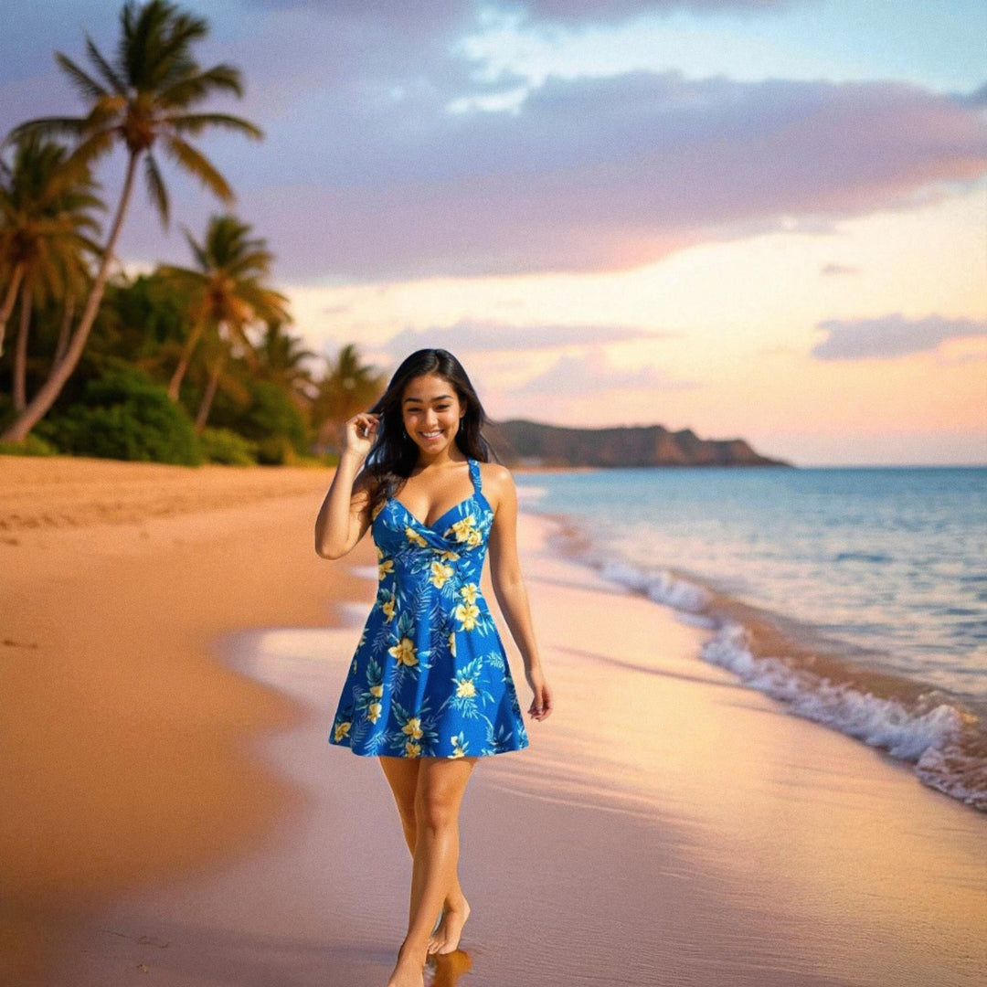 Midnight Blue Napali Hawaiian Halter Dress Made in Hawaii