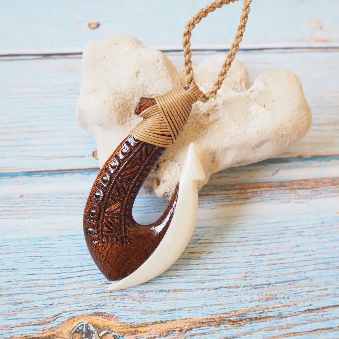 Moana Koa Wood & Bone Fish Hook Necklace - Made in Hawaii