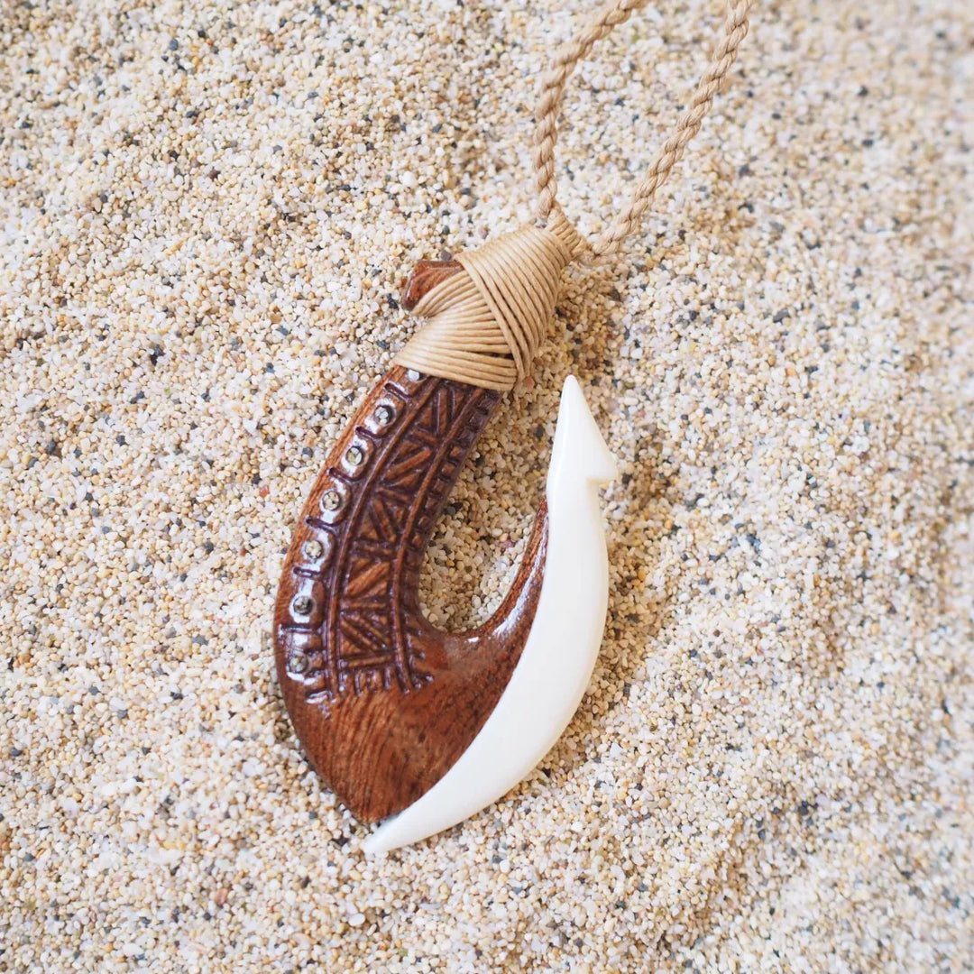 Moana Koa Wood & Bone Fish Hook Necklace - Made in Hawaii