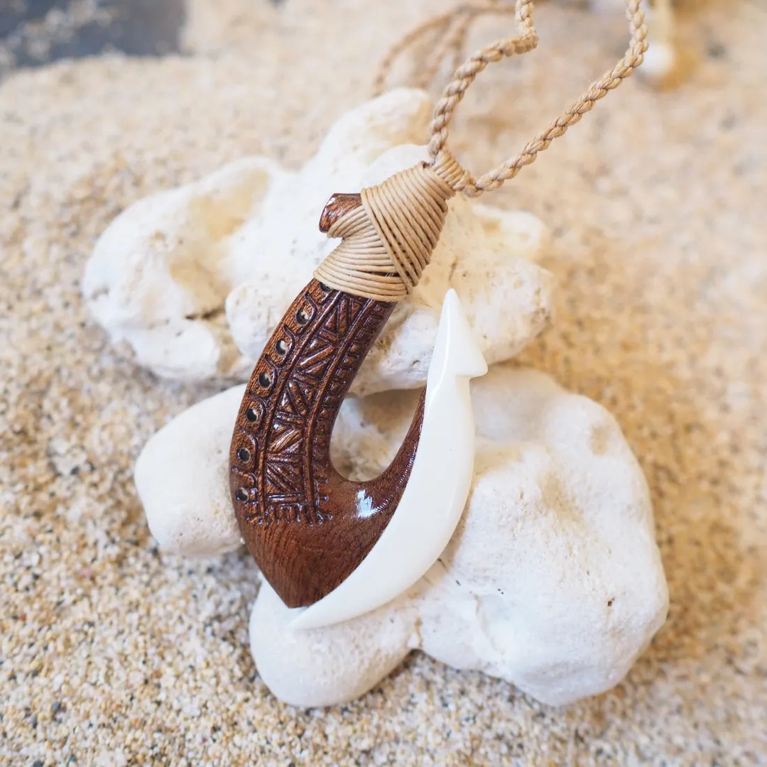 Moana Koa Wood & Bone Fish Hook Necklace - Made in Hawaii