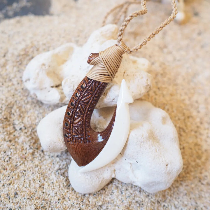 Moana Koa Wood & Bone Fish Hook Necklace - Made in Hawaii