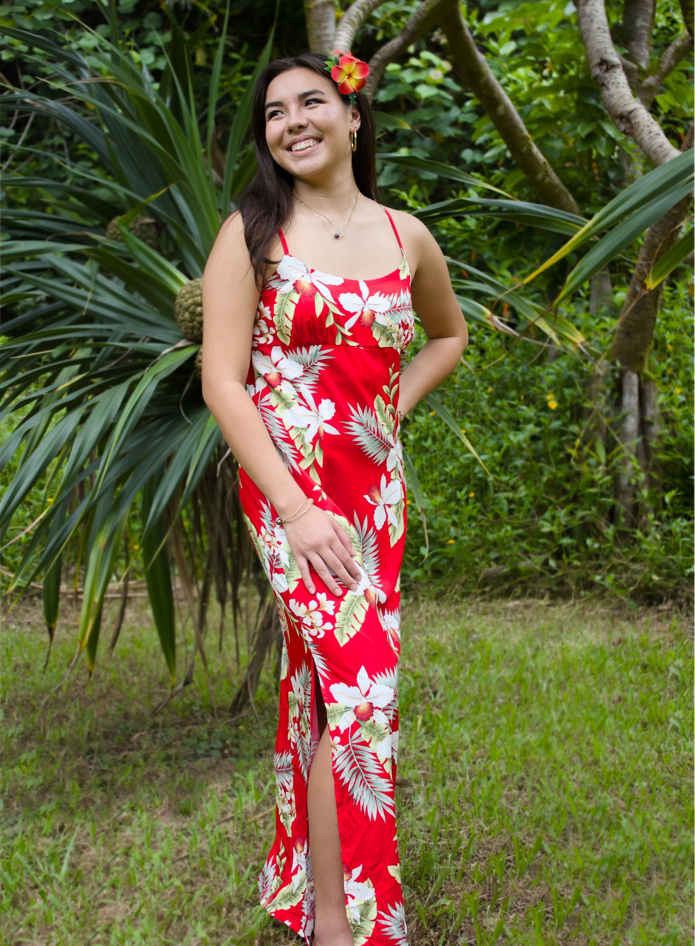 Volcanic Red Long Hawaiian Dress with Skinny Straps Flattering Silhouette Side Leg Openings Lavahut