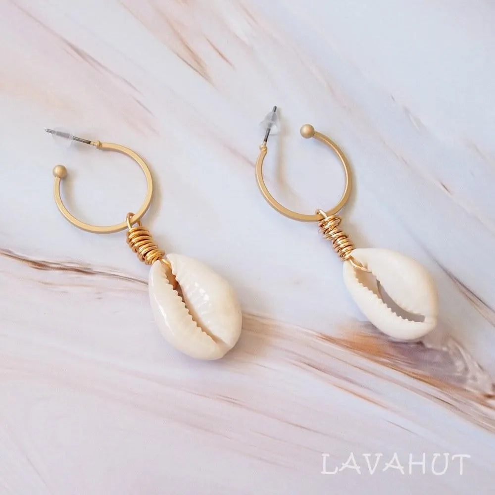 Molokai Cowry Seashell Hawaiian Hoop Earrings - Made In Hawaii