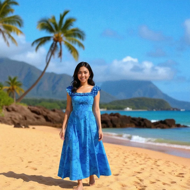 Monstera Cereus Blue Leilani Hawaiian Muumuu Dress - Made in Hawaii