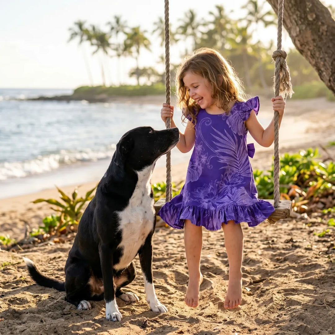 Monstera Cereus Purple Hawaiian Girl Cotton Dress - Made in Hawaii