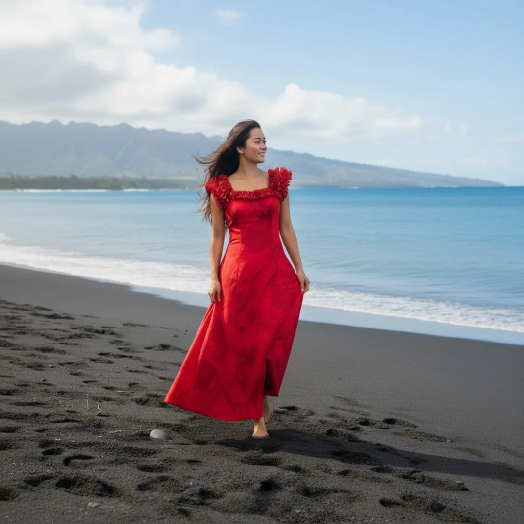 red hawaiian dress Monstera Cereus Red Leilani Hawaiian Dress with Ruffle Lei Neckline L / Red
