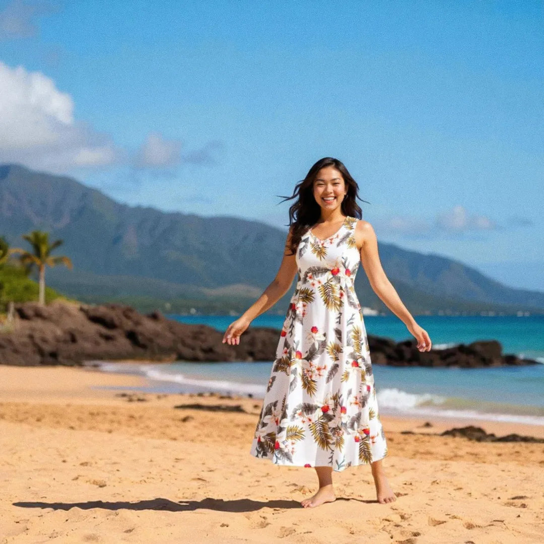 Moon White Darling Hawaiian Midi Dress for Elegance S / White Moon White Darling Hawaiian Midi Dress for Elegance S / White