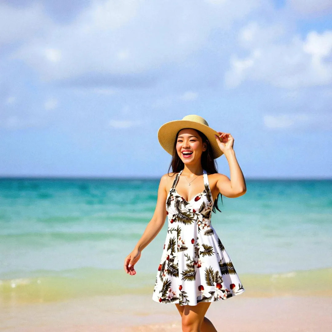 Moon White Napali Hawaiian Halter Dress for You XL / White Moon White Napali Hawaiian Halter Dress for You XL / White