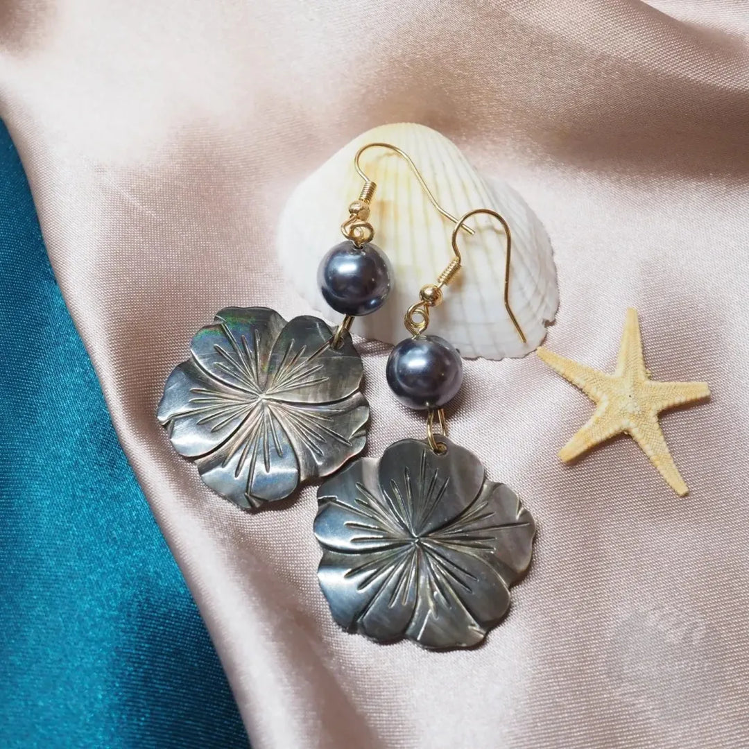 Mother of Pearl Hibiscus Drop Earrings - Made in Hawaii