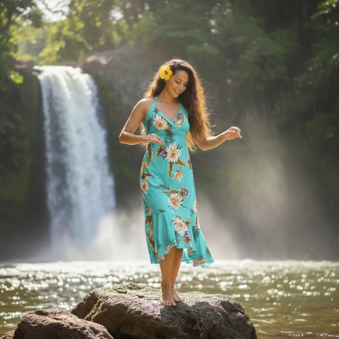 Mountain Green Akua Hawaiian Dress with Floral Design L / Green Mountain Green Akua Hawaiian Dress with Floral Design L / Green