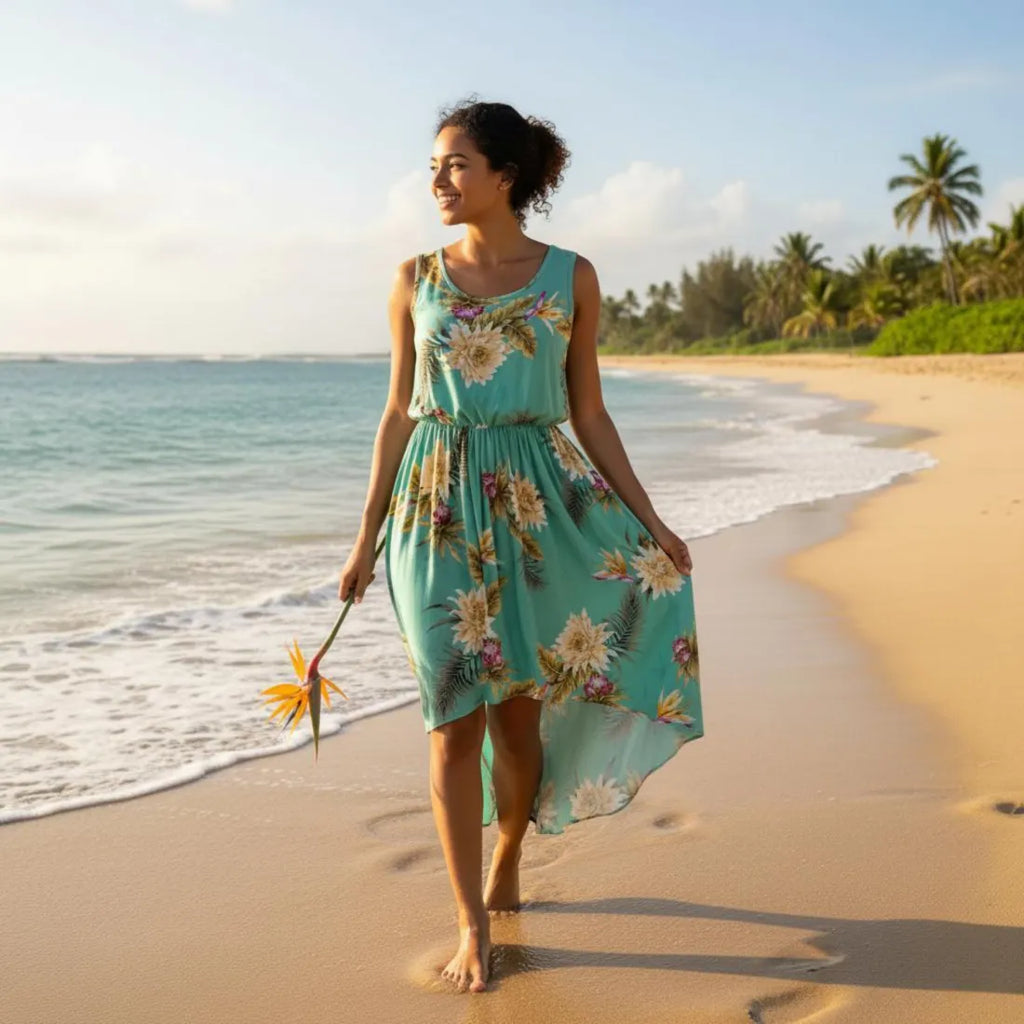 chinese dress ladies Mountain Green Sassy Hawaiian Dress with Tropical Blooms – Lavahut