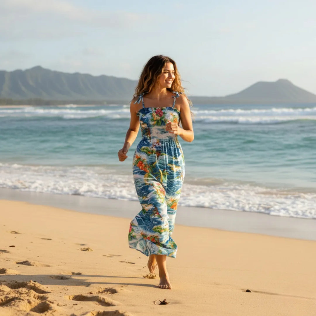 Ocean Life Navy Maxi Hawaiian Dress with Flattering Smock Ocean Life Navy Maxi Hawaiian Dress with Flattering Smock