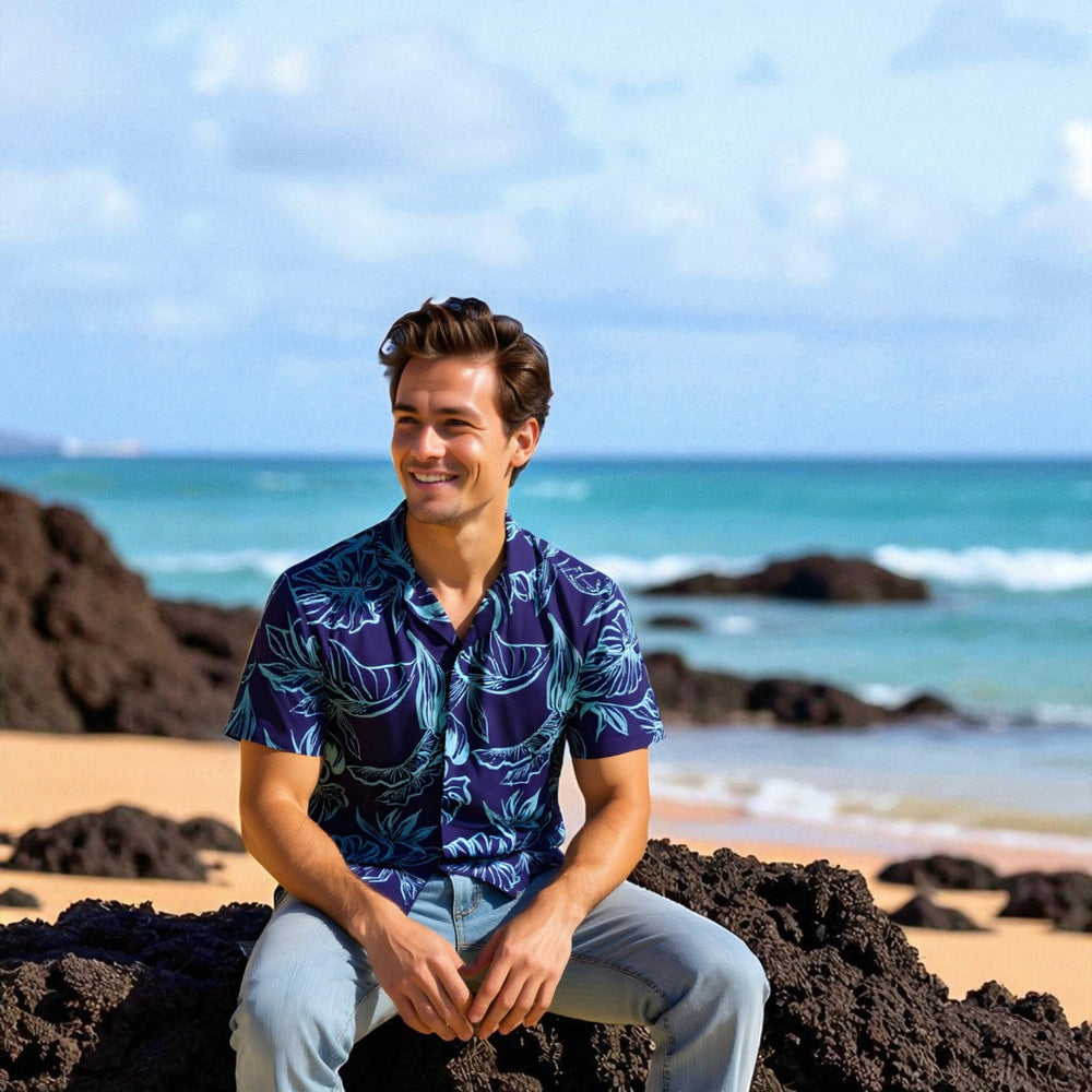 Olomana Blue Hawaiian Rayon Shirt Made in Hawaii