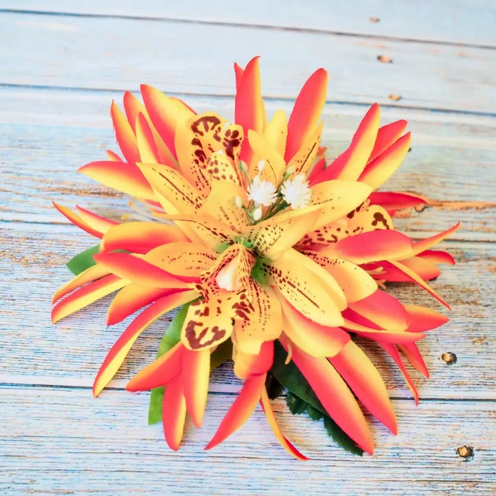 Orange Orchid Jungle Hawaiian Flower Hair Clip - Made in Hawaii