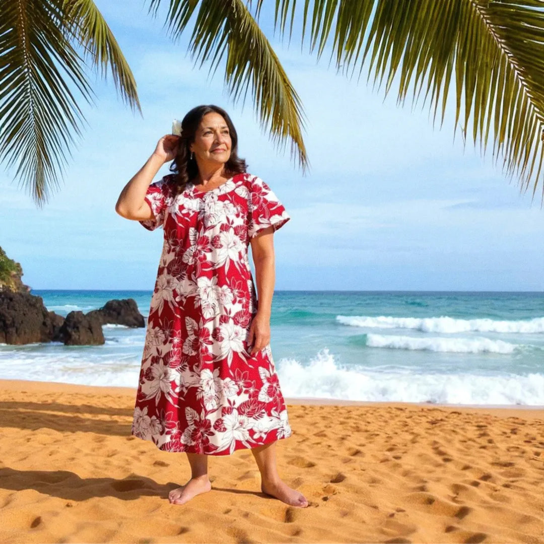 Orchid Blast Red Cotton Hawaiian Tea Muumuu Dress - Made in Hawaii