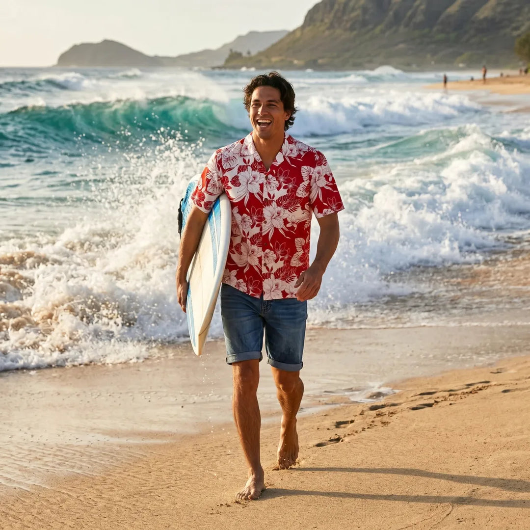 Orchid Blast Red Hawaiian Cotton Shirt - Made in Hawaii