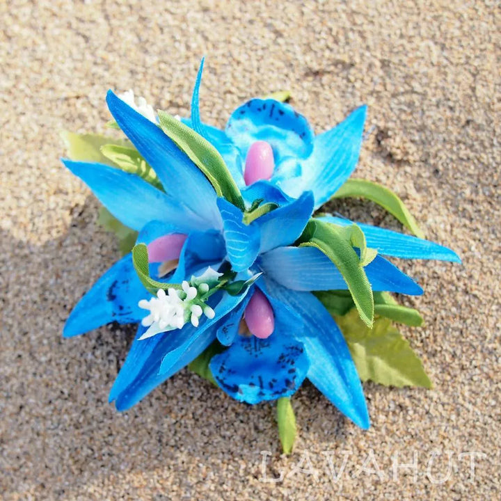 Orchid Burst Blue Hawaiian Flower Hair Clip - Made in Hawaii