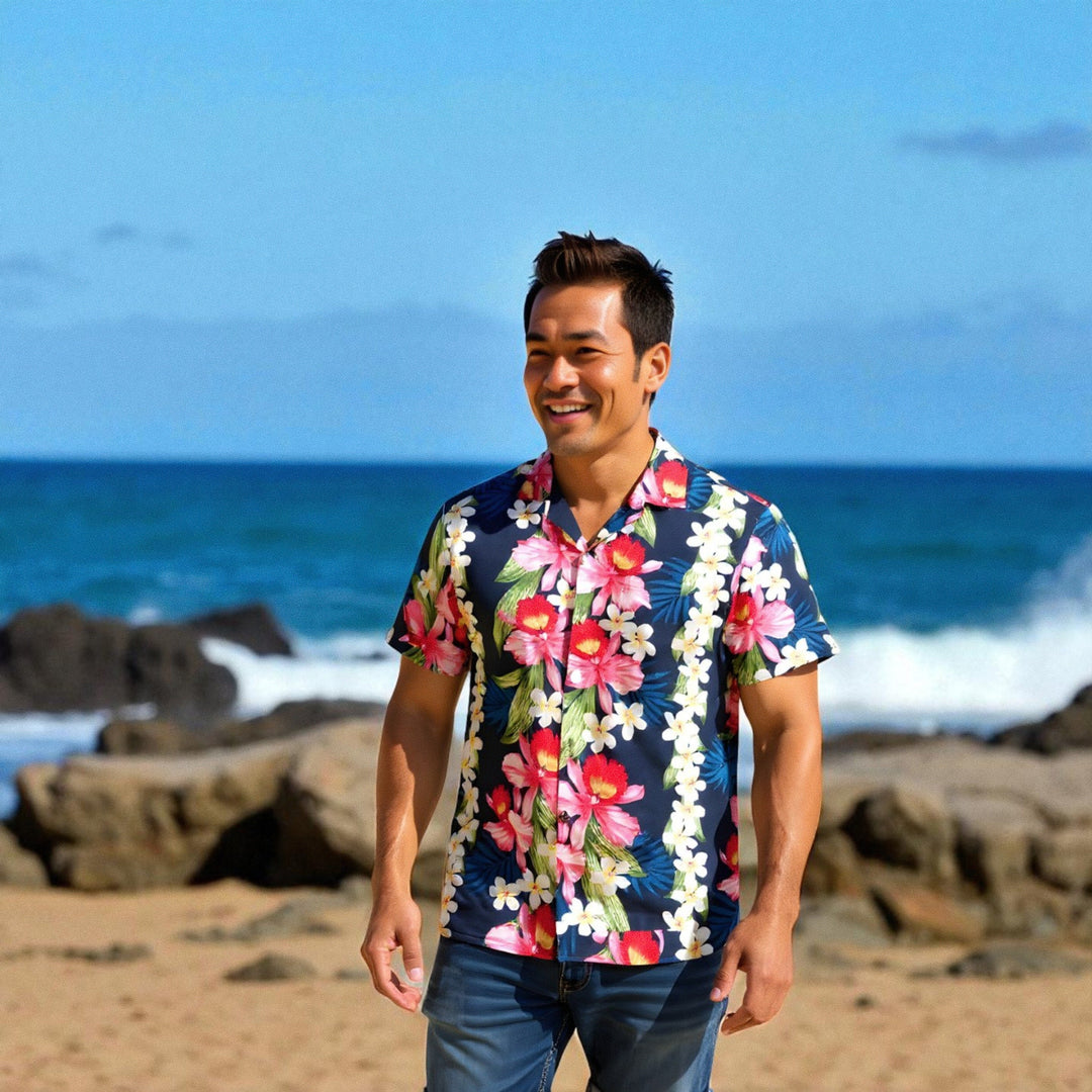 Orchid Play Blue Hawaiian Rayon Shirt Made in Hawaii