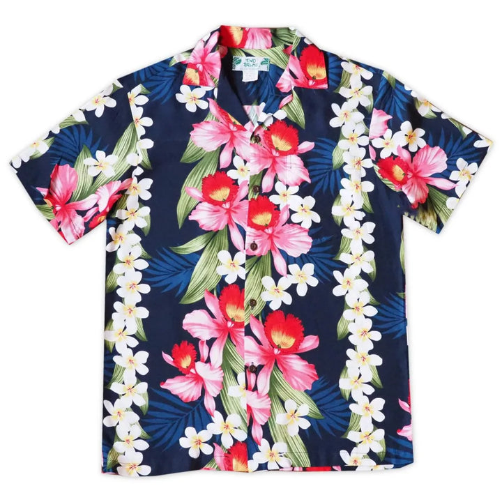 Orchid Play Blue Hawaiian Rayon Shirt - Made in Hawaii