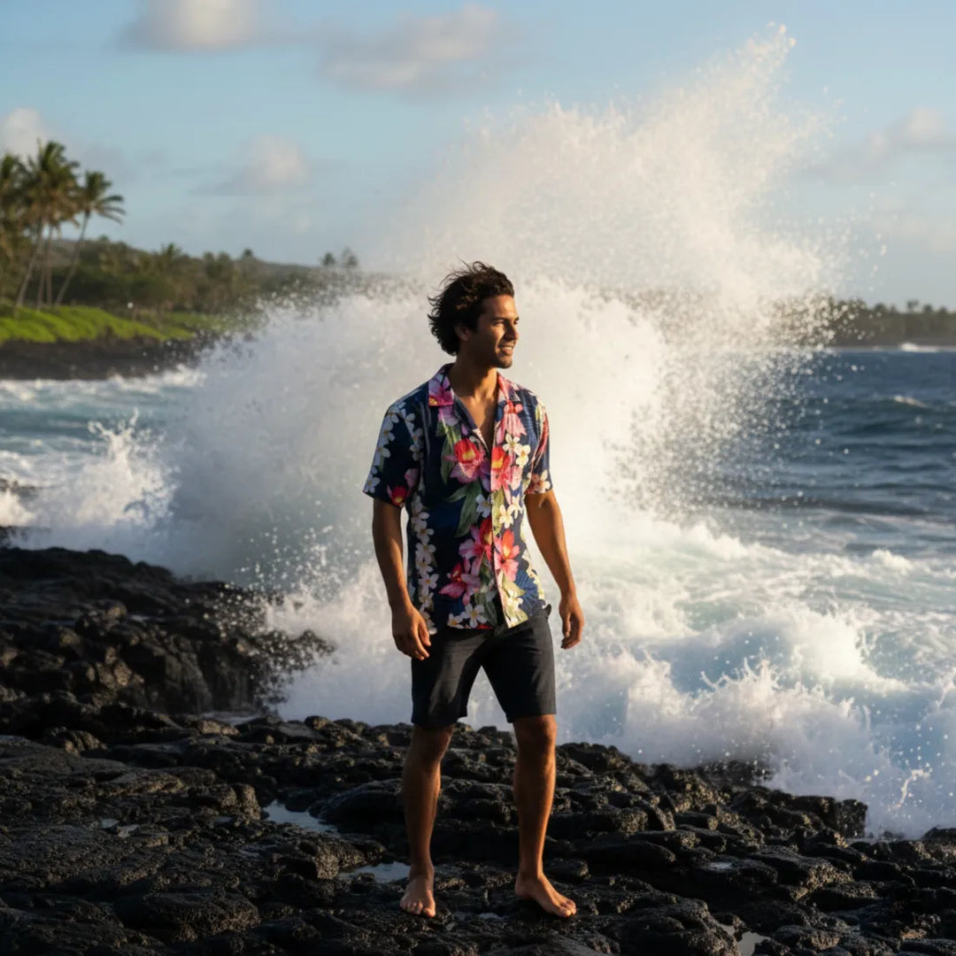 Orchid Play Blue Hawaiian Rayon Shirt - Made in Hawaii