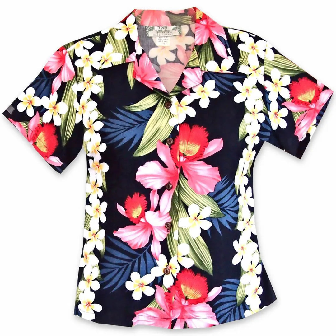 Orchid Play Blue Lady’s Hawaiian Rayon Blouse - Made in Hawaii