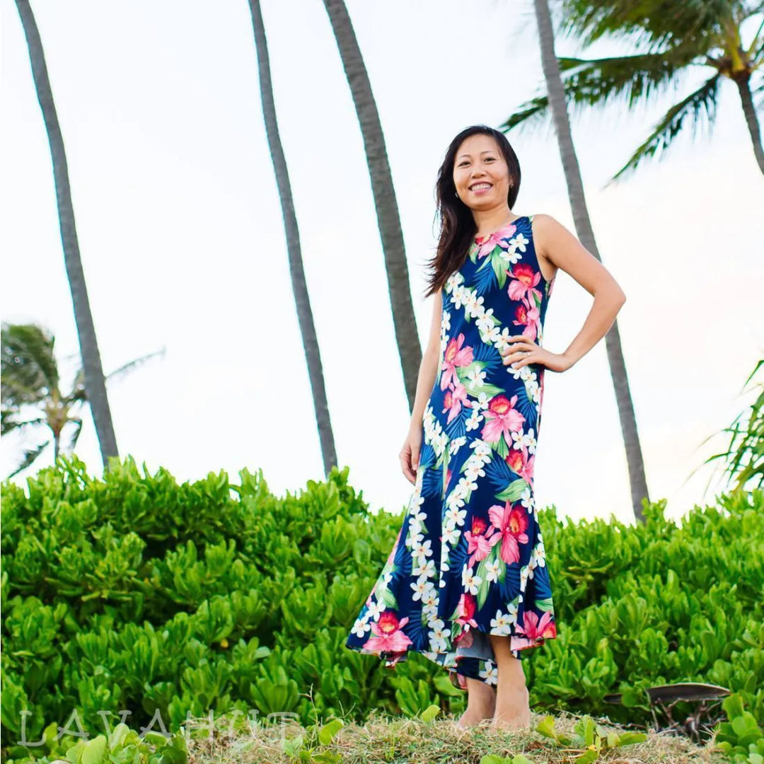 Orchid Play Blue Lehua Hawaiian Dress - Made in Hawaii