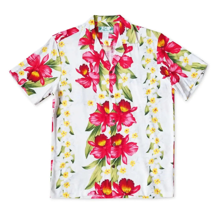 Orchid Play White Hawaiian Rayon Shirt - Made in Hawaii