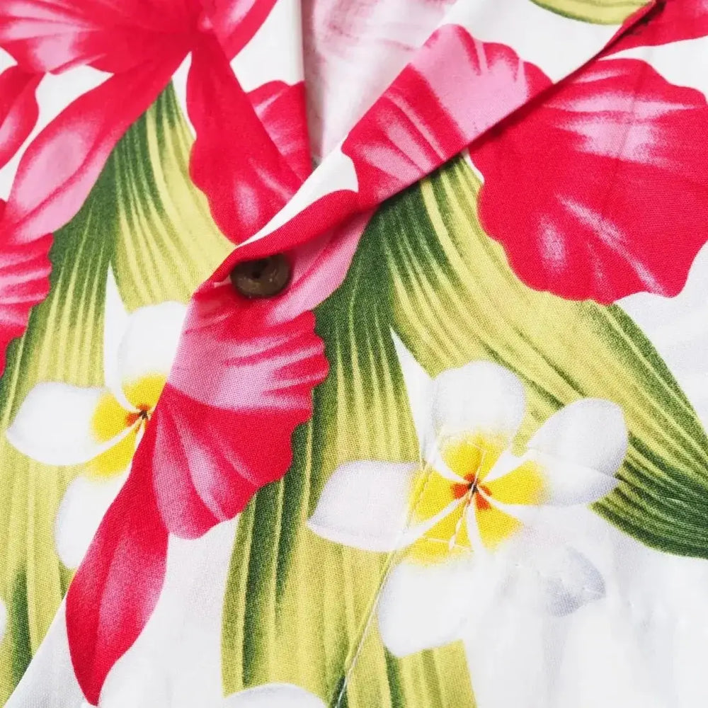 Orchid Play White Hawaiian Rayon Shirt - Made in Hawaii