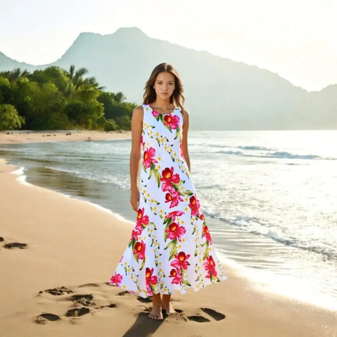 Orchid Play White Lehua Hawaiian Dress Made in Hawaii