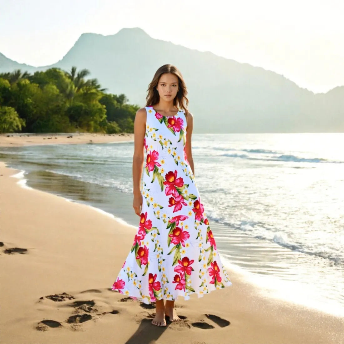 Orchid Play White Lehua Hawaiian Dress - Made in Hawaii