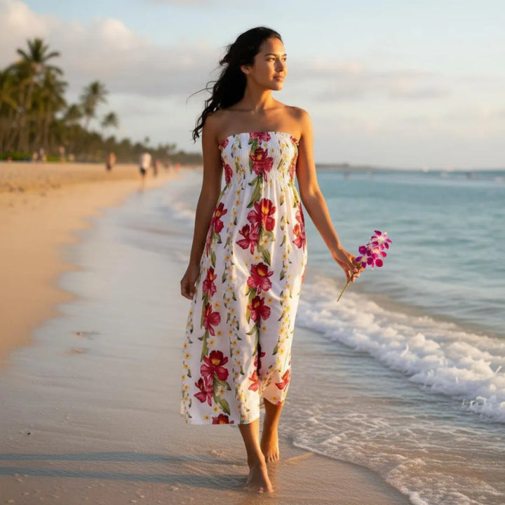 Orchid Play White Maxi Hawaiian Dress - Made in Hawaii