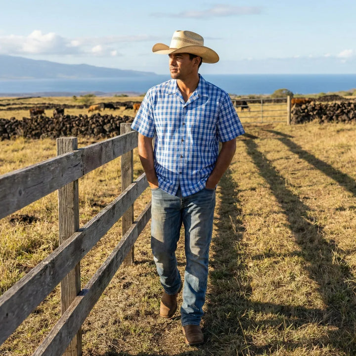 Palaka Blue Hawaiian Cotton Shirt - Made in Hawaii