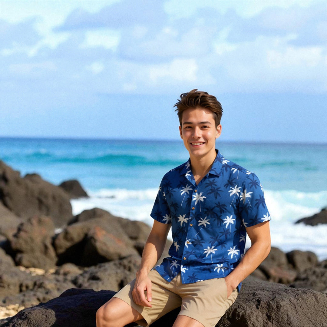 Palm Beach Blue Hawaiian Cotton Shirt Made in Hawaii