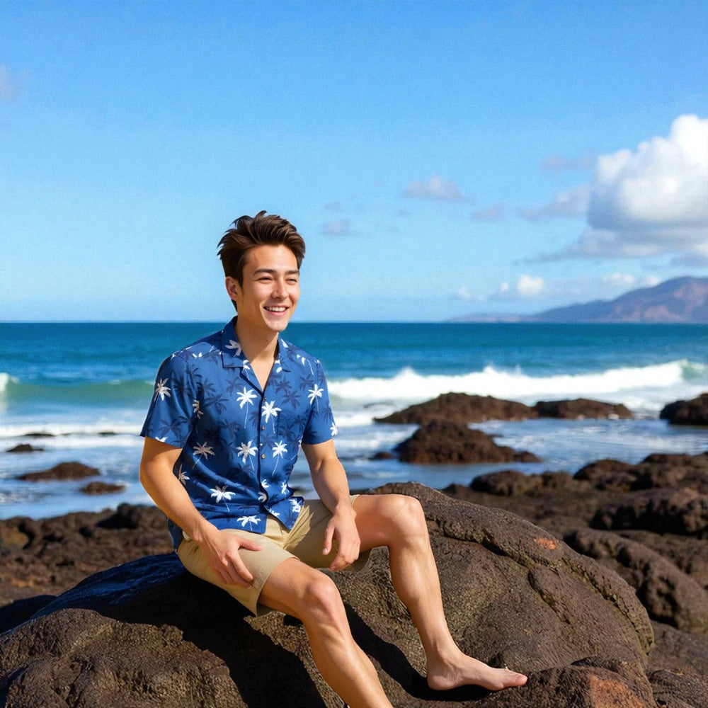 Palm Beach Blue Hawaiian Cotton Shirt Made in Hawaii