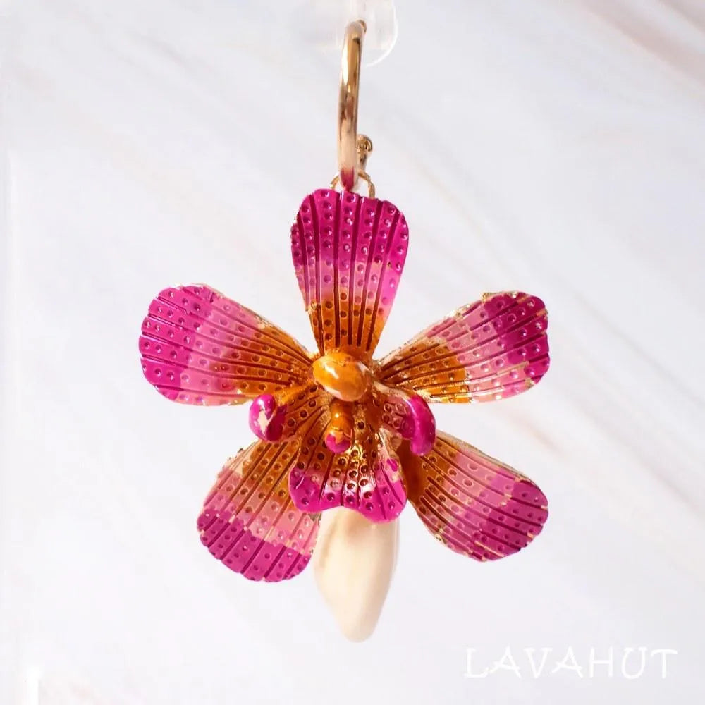 Paradise Orchid & Cowry Seashell Hawaiian Hoop Earrings - Made In Hawaii