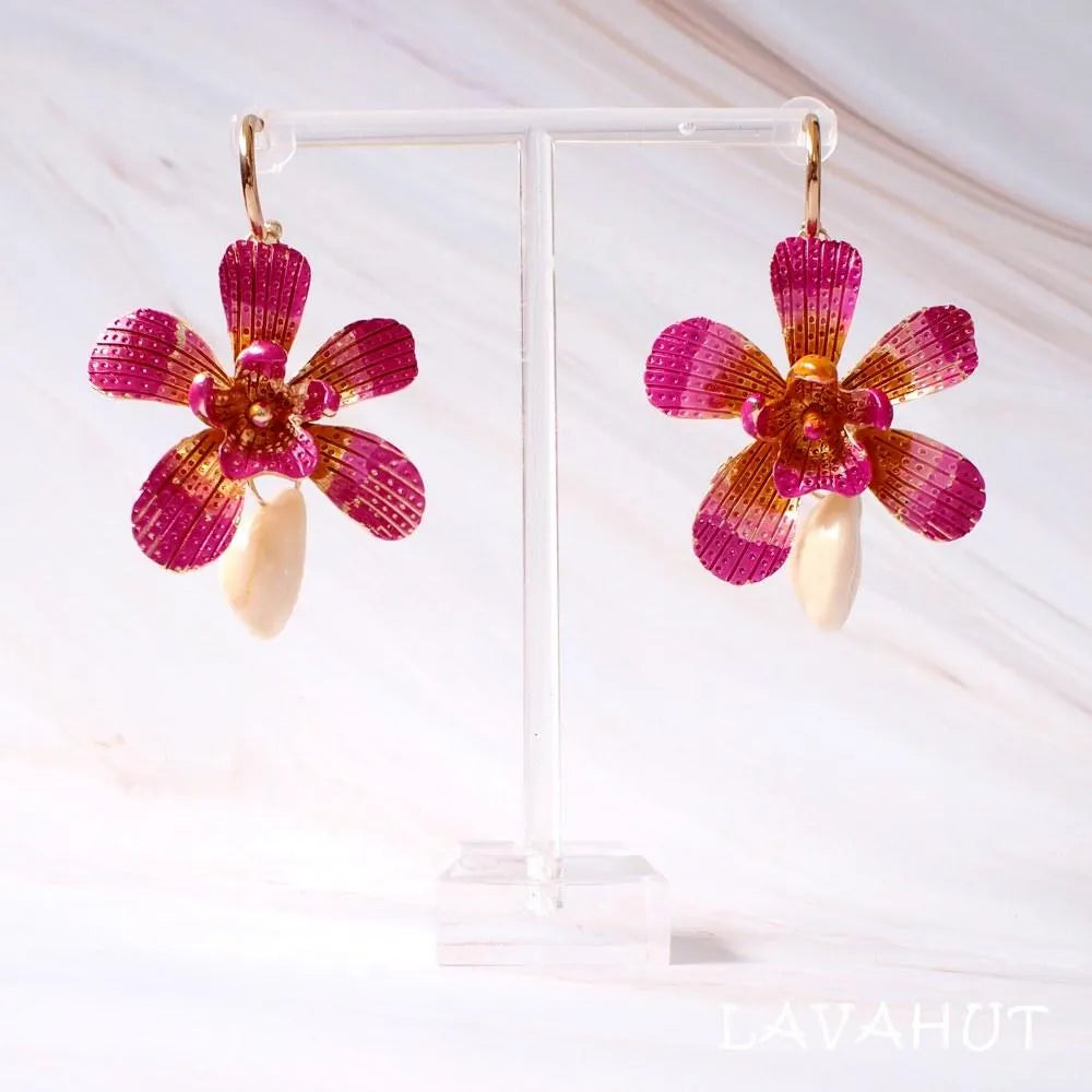 Paradise Orchid & Cowry Seashell Hawaiian Hoop Earrings - Made In Hawaii
