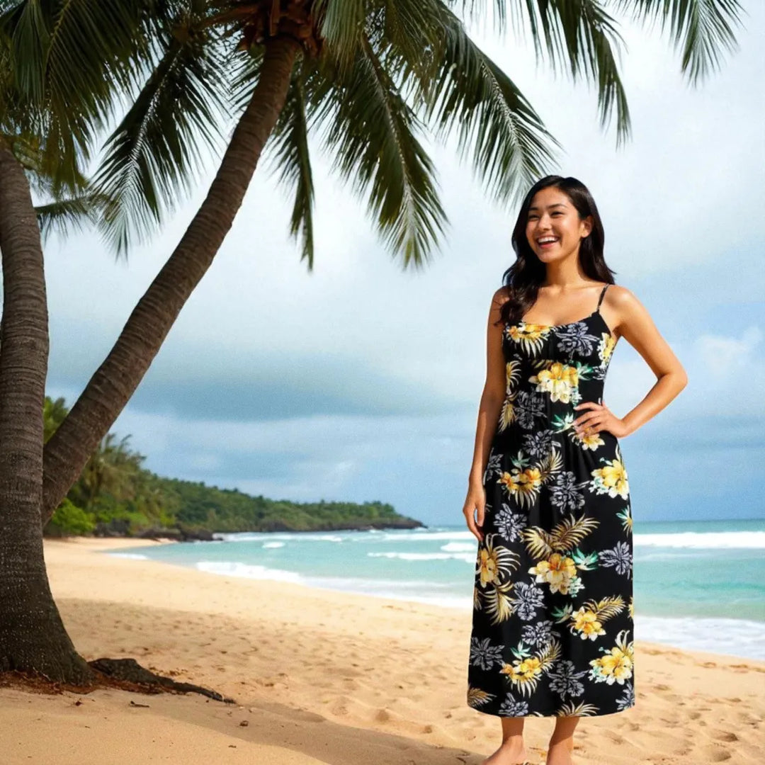 Passion Black Long Hawaiian Dress with Skinny Straps - Made in Hawaii