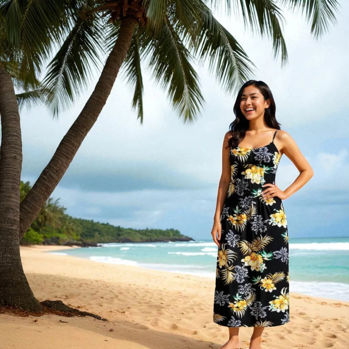 Passion Black Long Hawaiian Dress with Skinny Straps - Made in Hawaii