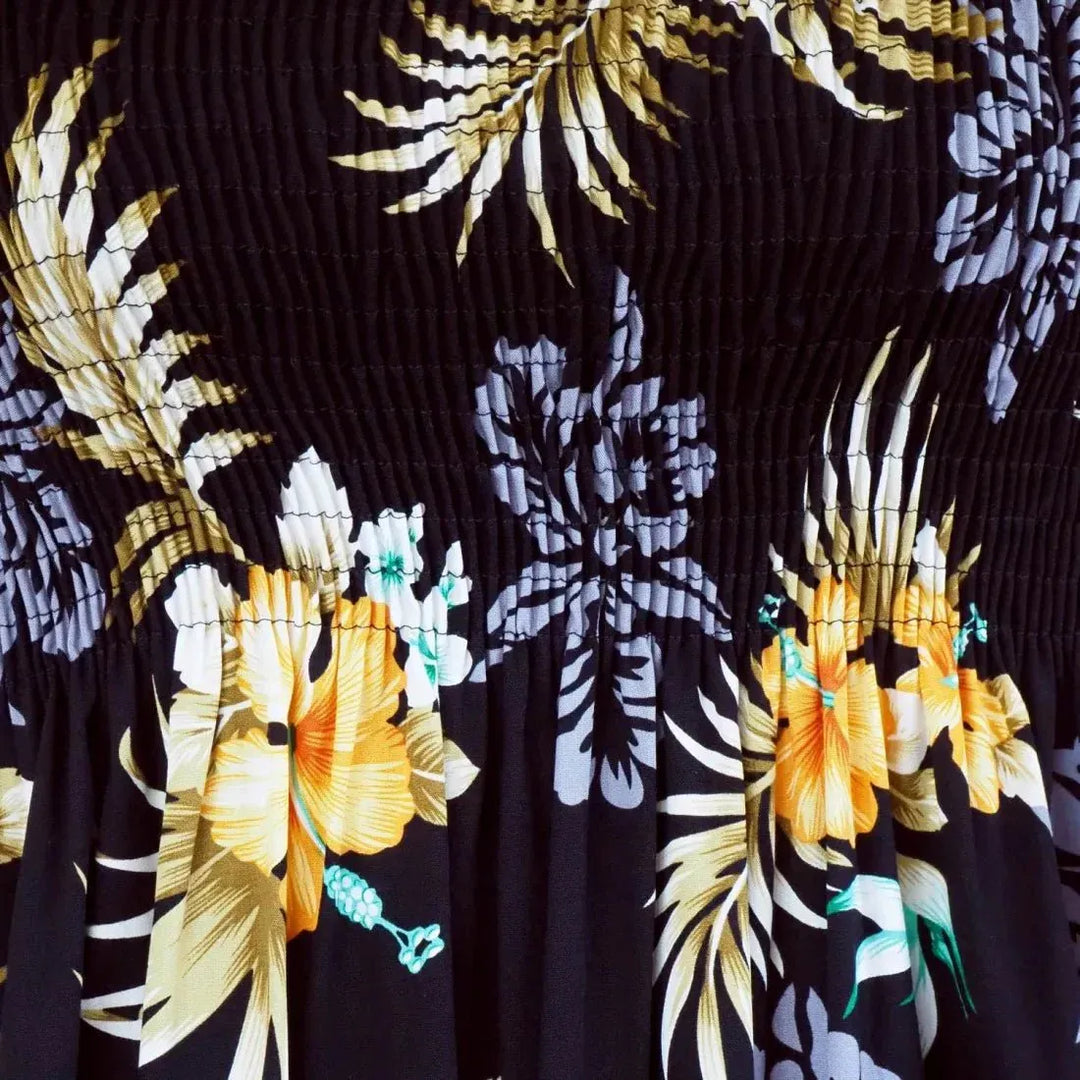 Passion Black Maxi Hawaiian Dress with Yellow Hibiscus Passion Black Maxi Hawaiian Dress with Yellow Hibiscus