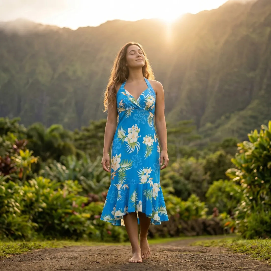 Passion Blue Akua Hawaiian Halter Dress - Made in Hawaii