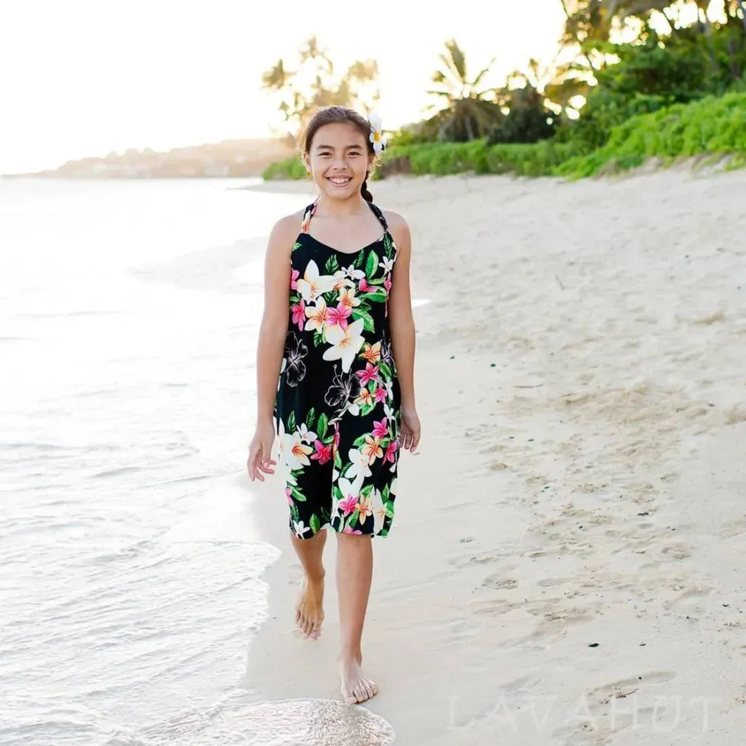 Pebble Black Hawaiian Girl Rayon Dress with Plumeria 10 / Black Pebble Black Hawaiian Girl Rayon Dress with Plumeria 10 / Black