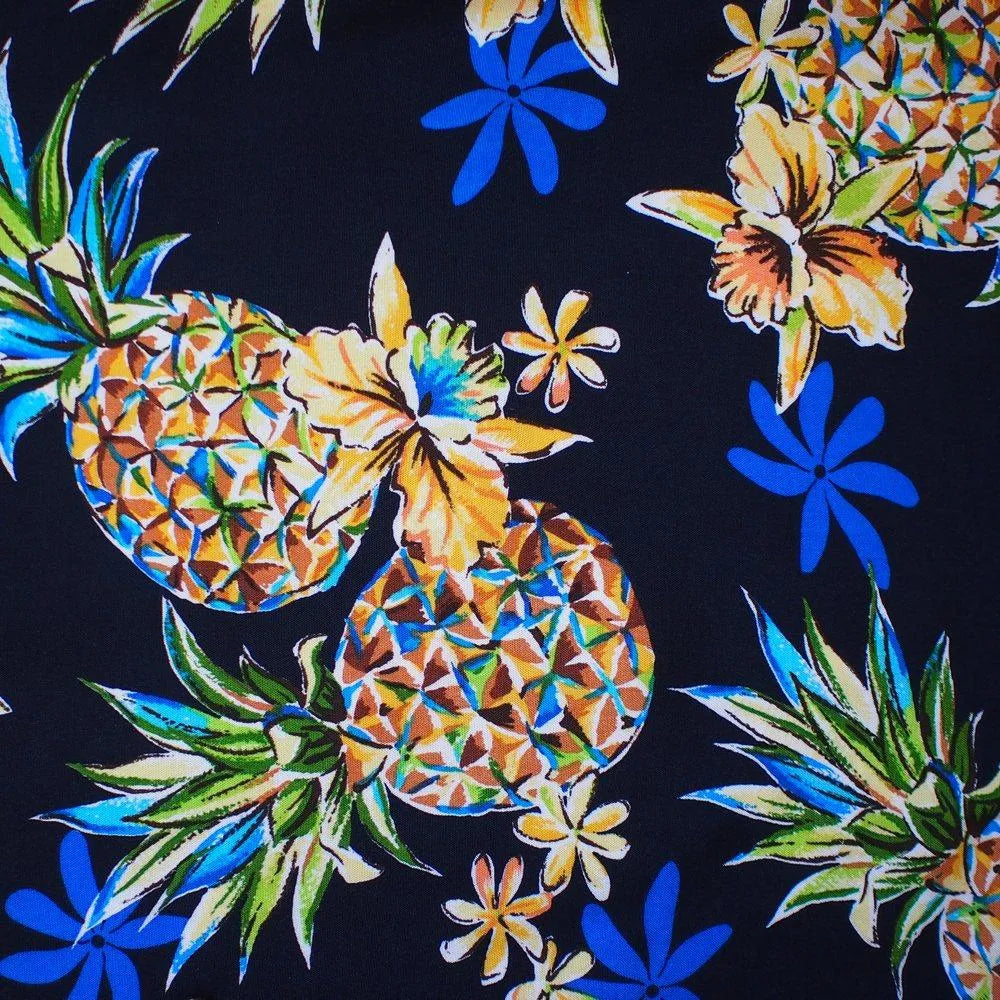 Pineapple Blue Hawaiian Rayon Fabric By The Yard - Made In Hawaii